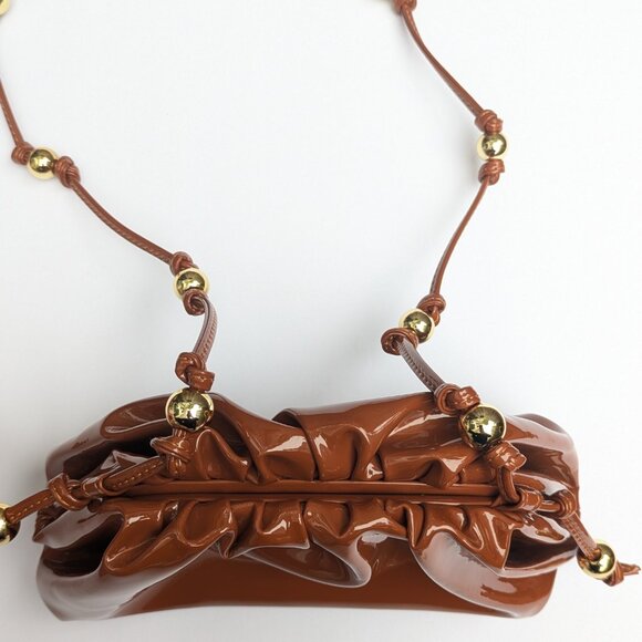 Brown Leather Crossbody Bag Small Pouch Purse with Gold Beads Shiny Mini Bag NW - Picture 5 of 11